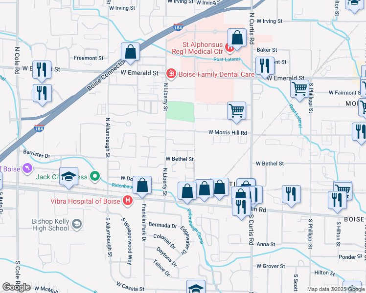 map of restaurants, bars, coffee shops, grocery stores, and more near 6255 West Morris Hill Road in Boise