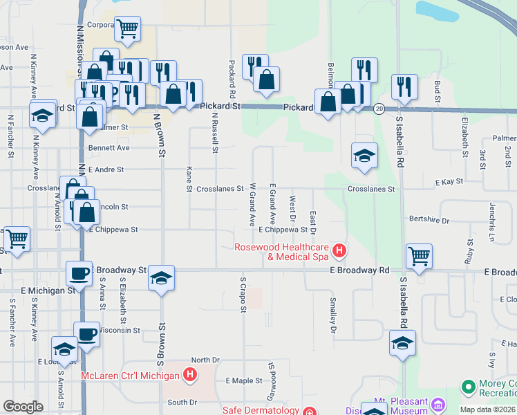map of restaurants, bars, coffee shops, grocery stores, and more near 301-499 E Grand Ave in Mt Pleasant