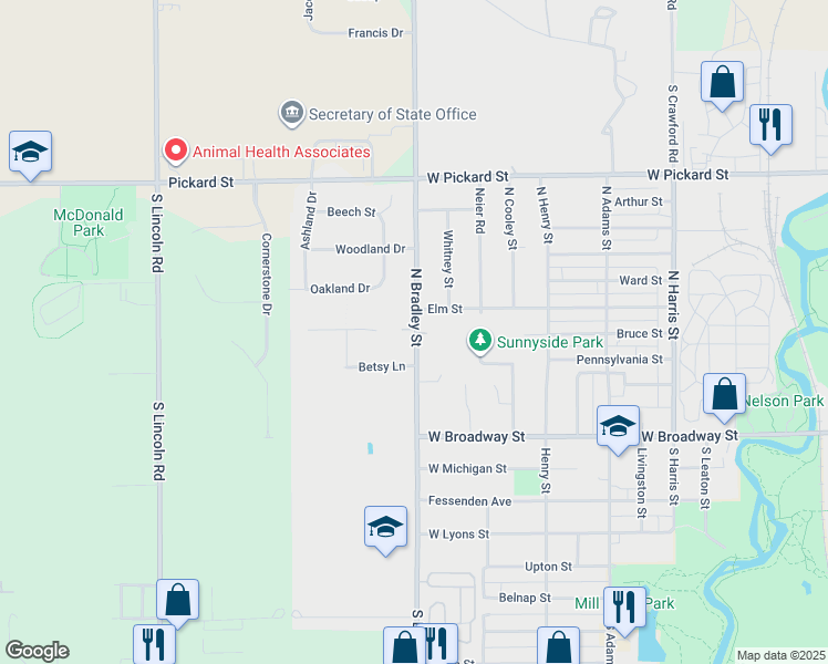 map of restaurants, bars, coffee shops, grocery stores, and more near 409 North Bradley Road in Mount Pleasant