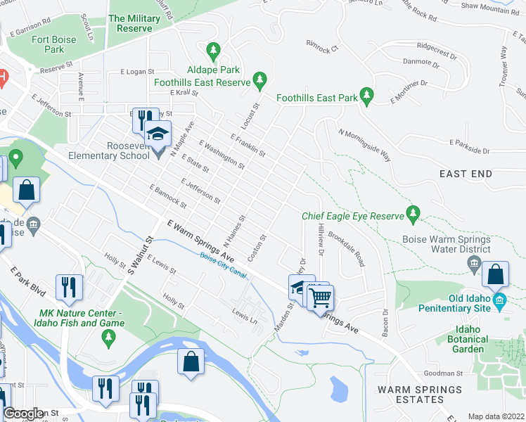 map of restaurants, bars, coffee shops, grocery stores, and more near 1410 East State Street in Boise