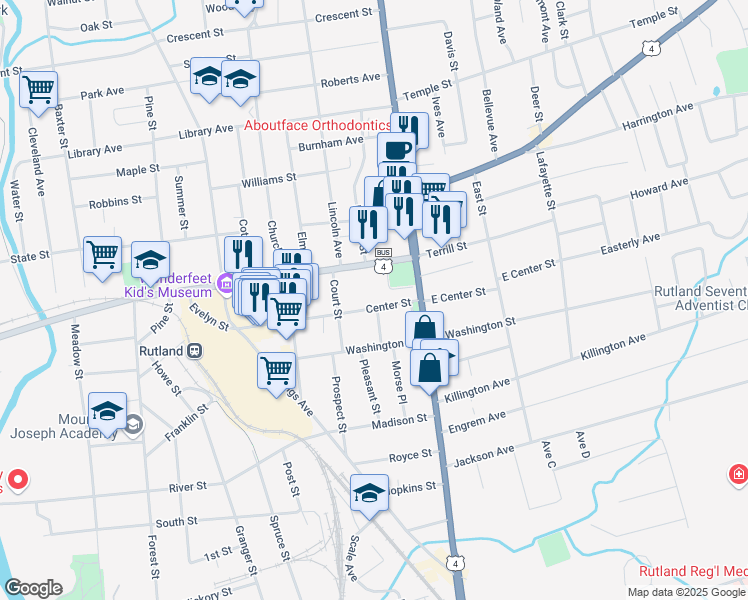 map of restaurants, bars, coffee shops, grocery stores, and more near 93 Center Street in Rutland