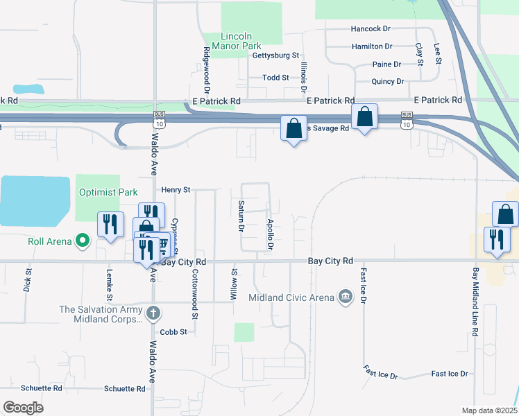 map of restaurants, bars, coffee shops, grocery stores, and more near 3783 Nuclear Court in Midland