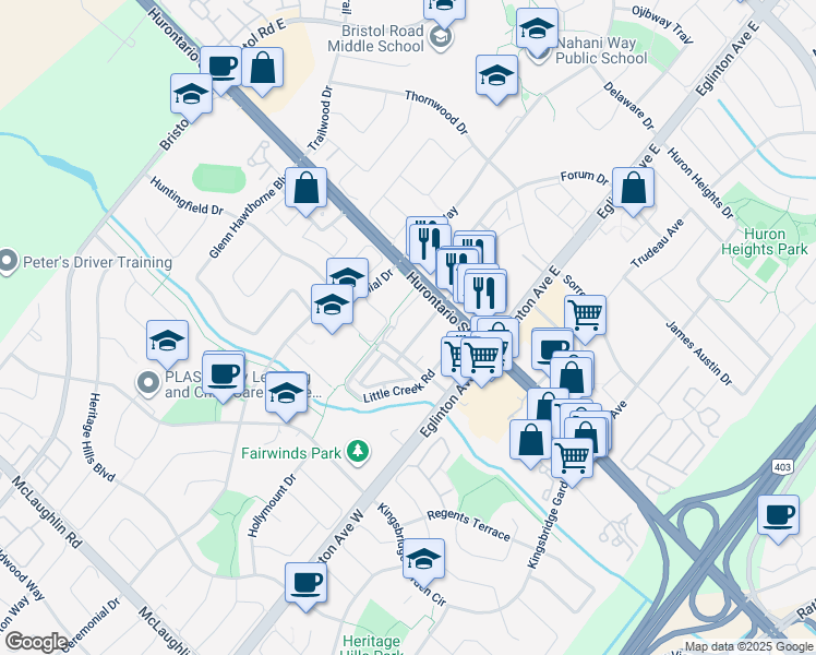 map of restaurants, bars, coffee shops, grocery stores, and more near 35 Watergarden Drive in Mississauga