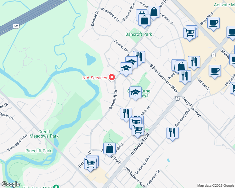 map of restaurants, bars, coffee shops, grocery stores, and more near 1190 Bancroft Drive in Mississauga