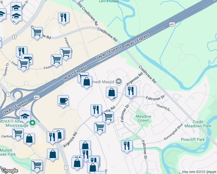 map of restaurants, bars, coffee shops, grocery stores, and more near 6660 Campobello Road in Mississauga