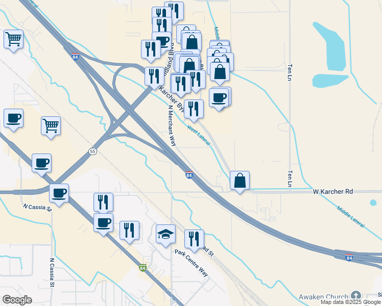 map of restaurants, bars, coffee shops, grocery stores, and more near 16150 North Merchant Way in Nampa