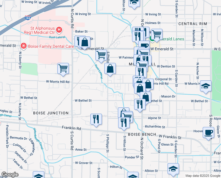 map of restaurants, bars, coffee shops, grocery stores, and more near 380 North Phillippi Street in Boise