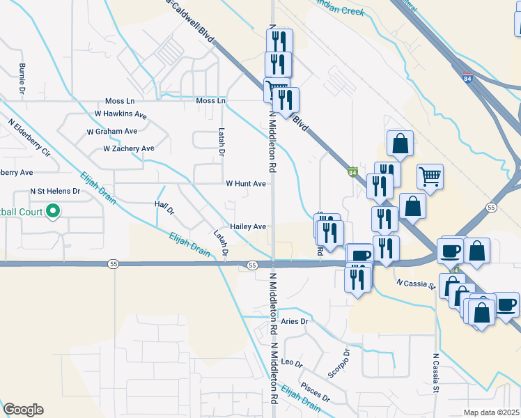 map of restaurants, bars, coffee shops, grocery stores, and more near 11063 West Hunt Avenue in Nampa
