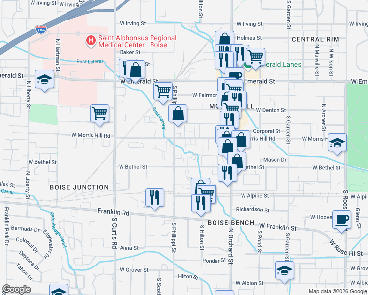 map of restaurants, bars, coffee shops, grocery stores, and more near 5207 West Morris Hill Road in Boise