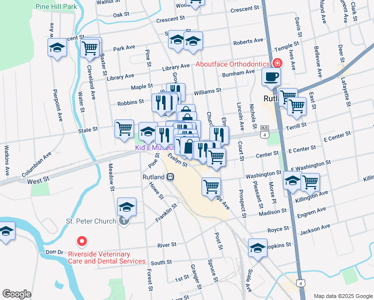 map of restaurants, bars, coffee shops, grocery stores, and more near 66 Merchants Row in Rutland