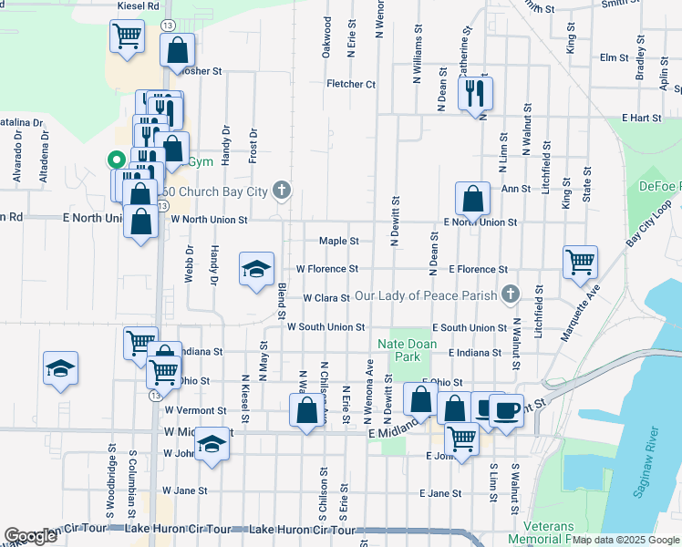 map of restaurants, bars, coffee shops, grocery stores, and more near 702 North Chilson Avenue in Bay City