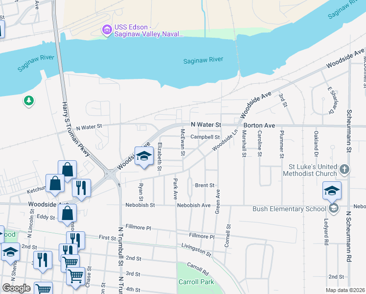 map of restaurants, bars, coffee shops, grocery stores, and more near 315 McEwan Street in Bay City