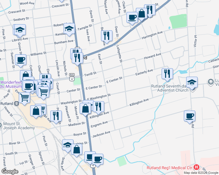 map of restaurants, bars, coffee shops, grocery stores, and more near 46 East Center Street in Rutland