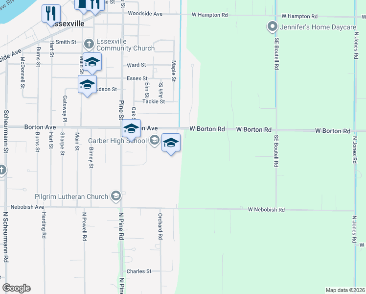 map of restaurants, bars, coffee shops, grocery stores, and more near 1457 West Borton Road in Essexville