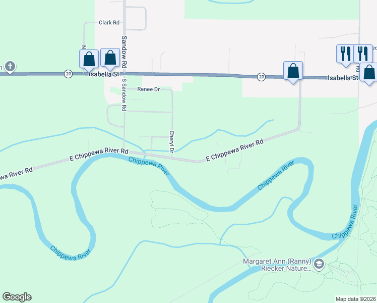 map of restaurants, bars, coffee shops, grocery stores, and more near 1637 East Chippewa River Road in Midland