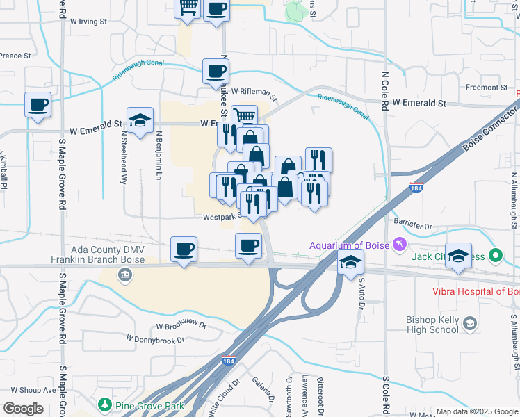 map of restaurants, bars, coffee shops, grocery stores, and more near 280 North Milwaukee Street in Boise