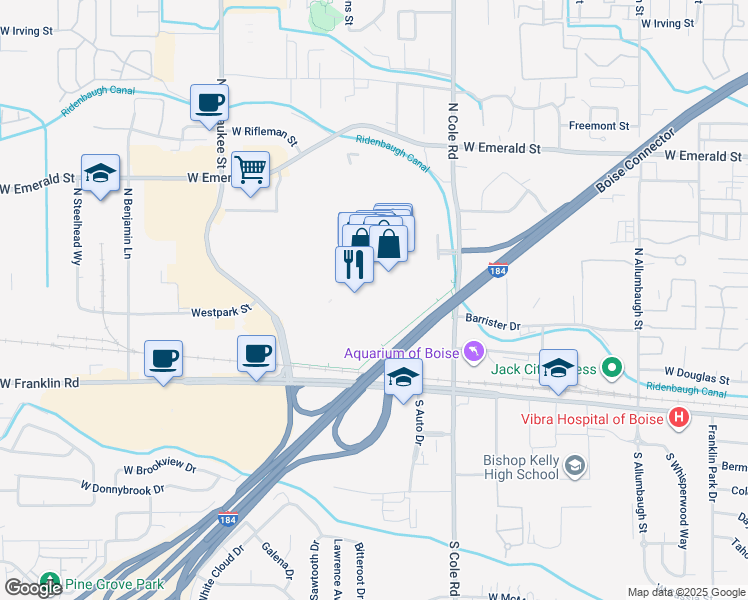 map of restaurants, bars, coffee shops, grocery stores, and more near 300 North Milwaukee Street in Boise