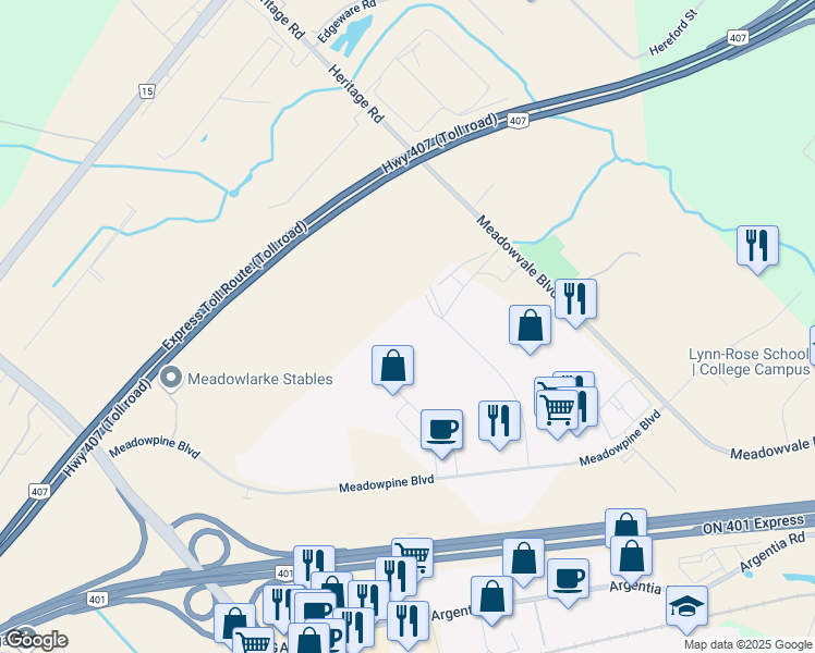 map of restaurants, bars, coffee shops, grocery stores, and more near 7400 East Danbro Crescent in Mississauga