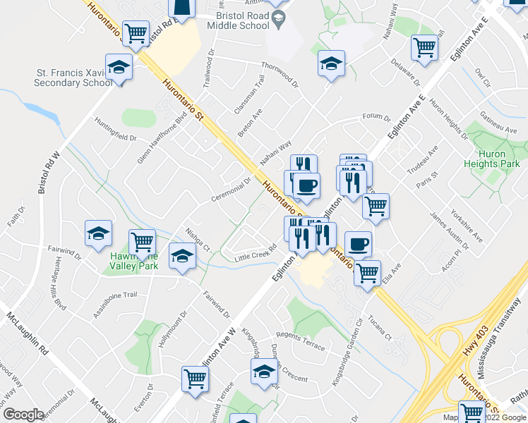 map of restaurants, bars, coffee shops, grocery stores, and more near 5072 Hurontario Street in Mississauga