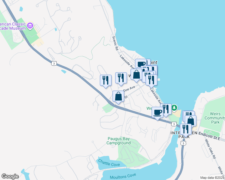 map of restaurants, bars, coffee shops, grocery stores, and more near 233 Endicott Street North in Laconia