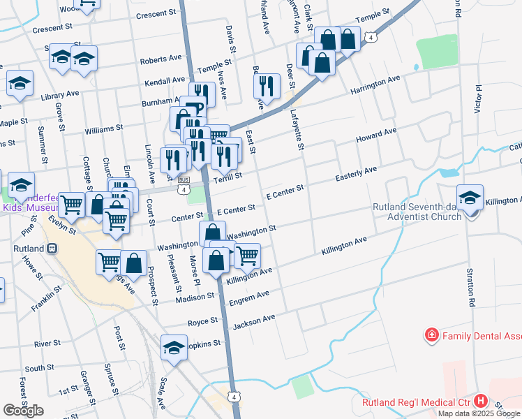 map of restaurants, bars, coffee shops, grocery stores, and more near 49 East Street in Rutland