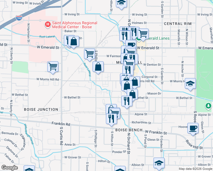 map of restaurants, bars, coffee shops, grocery stores, and more near 5207 West Morris Hill Road in Boise