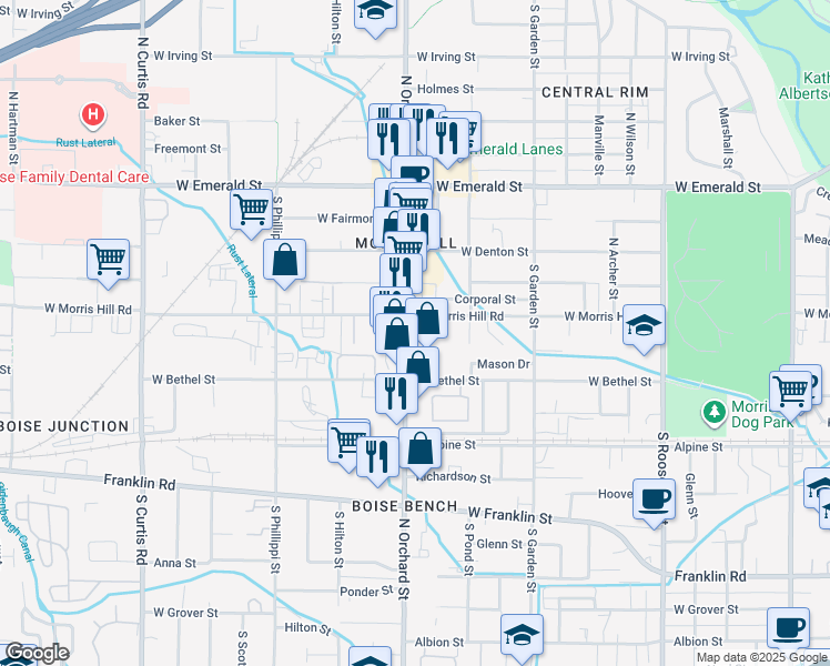 map of restaurants, bars, coffee shops, grocery stores, and more near 4948 West Morris Hill Road in Boise