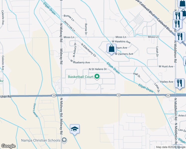 map of restaurants, bars, coffee shops, grocery stores, and more near 11745 West Trinity Avenue in Nampa