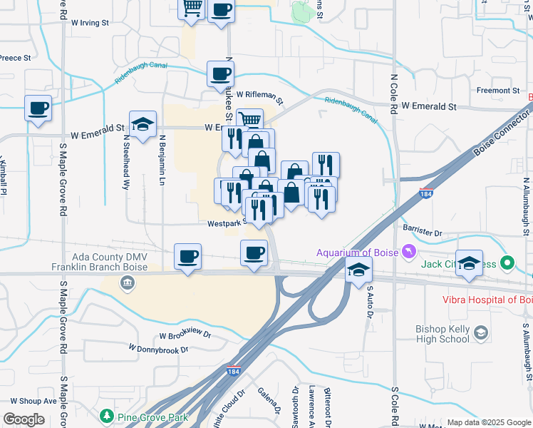 map of restaurants, bars, coffee shops, grocery stores, and more near 280 North Milwaukee Street in Boise