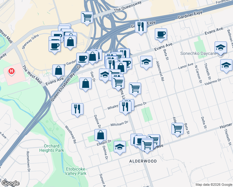 map of restaurants, bars, coffee shops, grocery stores, and more near 39 Coules Court in Toronto
