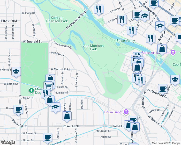map of restaurants, bars, coffee shops, grocery stores, and more near 3224 Crescent Rim Drive in Boise