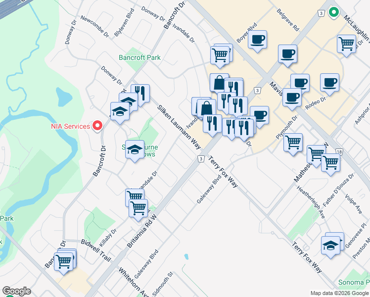 map of restaurants, bars, coffee shops, grocery stores, and more near in Mississauga