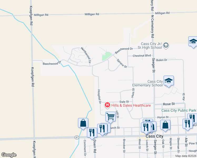 map of restaurants, bars, coffee shops, grocery stores, and more near 4790 Hospital Drive in Cass City