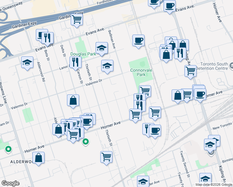 map of restaurants, bars, coffee shops, grocery stores, and more near 45 Edilou Drive in Toronto
