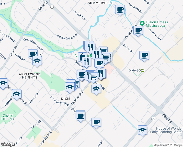 map of restaurants, bars, coffee shops, grocery stores, and more near 3045 Queen Frederica Drive in Mississauga