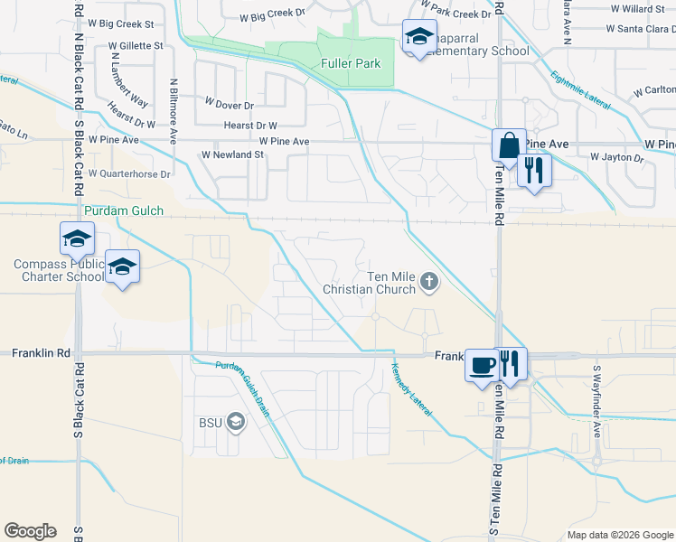 map of restaurants, bars, coffee shops, grocery stores, and more near 3800 West Perugia Street in Meridian