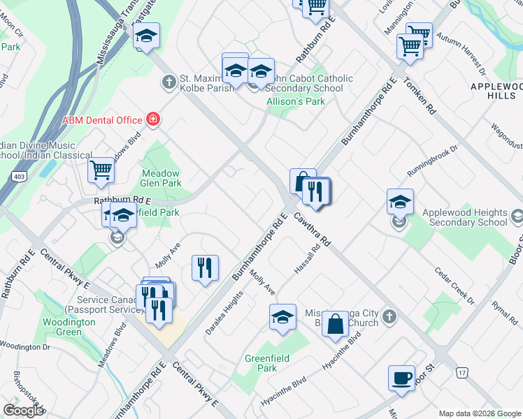 map of restaurants, bars, coffee shops, grocery stores, and more near 704 Bookham Crescent in Mississauga