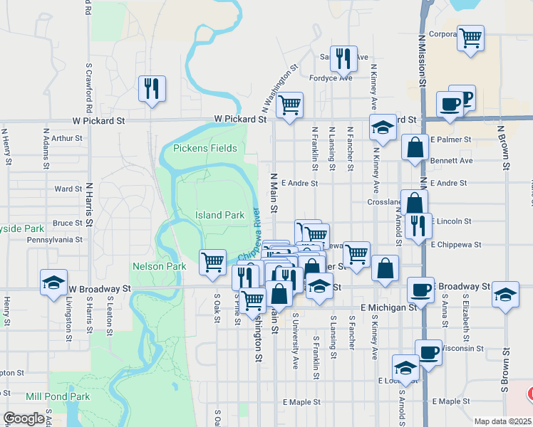 map of restaurants, bars, coffee shops, grocery stores, and more near 401 North Main Street in Mount Pleasant