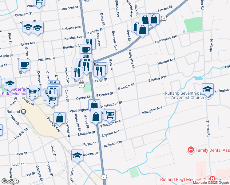 map of restaurants, bars, coffee shops, grocery stores, and more near 49 Rutland Street in Rutland
