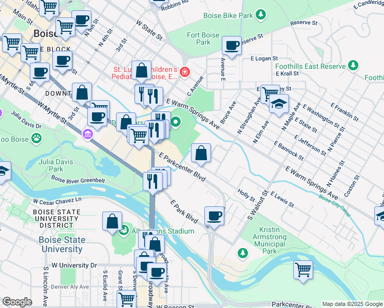 map of restaurants, bars, coffee shops, grocery stores, and more near 605 East Holly Street in Boise