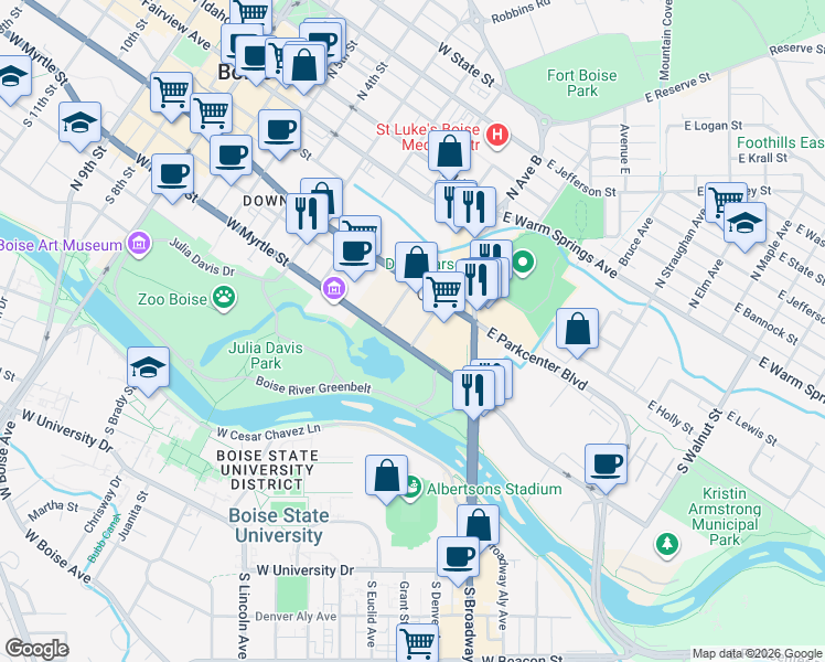 map of restaurants, bars, coffee shops, grocery stores, and more near 270 East Myrtle Street in Boise