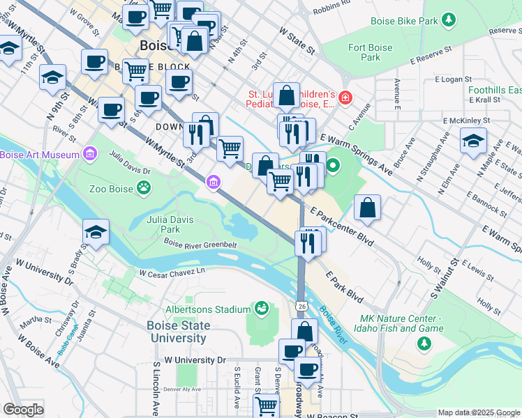 map of restaurants, bars, coffee shops, grocery stores, and more near 270 East Myrtle Street in Boise