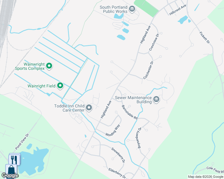 map of restaurants, bars, coffee shops, grocery stores, and more near 13 Old Bog Road in South Portland