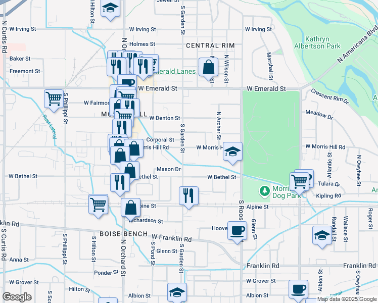 map of restaurants, bars, coffee shops, grocery stores, and more near 4521 West Morris Hill Road in Boise