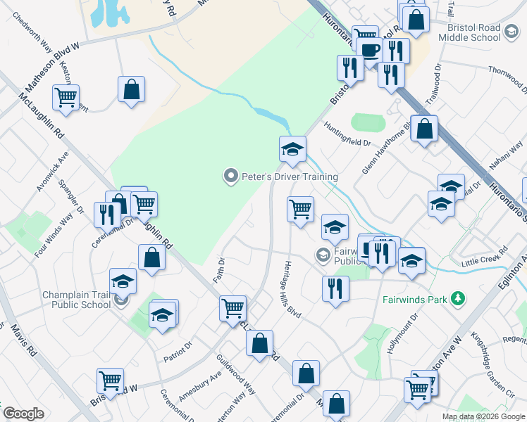 map of restaurants, bars, coffee shops, grocery stores, and more near in Mississauga