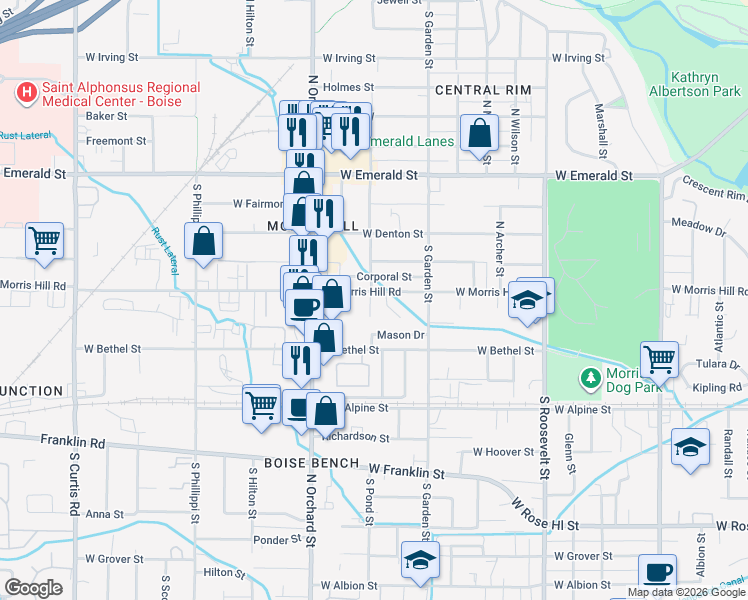 map of restaurants, bars, coffee shops, grocery stores, and more near 4801 West Morris Hill Road in Boise