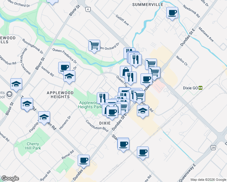 map of restaurants, bars, coffee shops, grocery stores, and more near 1221 Dundix Road in Mississauga