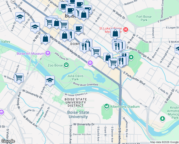 map of restaurants, bars, coffee shops, grocery stores, and more near 700 South Capitol Boulevard in Boise