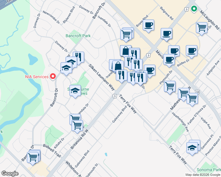 map of restaurants, bars, coffee shops, grocery stores, and more near 6028 Silken Laumann Way in Mississauga