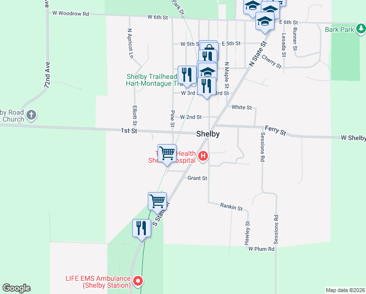 map of restaurants, bars, coffee shops, grocery stores, and more near 72 Bevier Street in Shelby